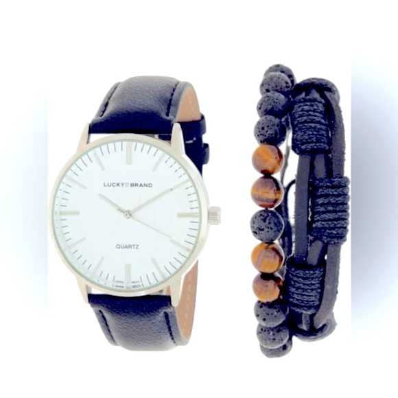 Lucky Brand Leather Strap Watch & Bracelets Set 40mm ✨ Black | Stainless